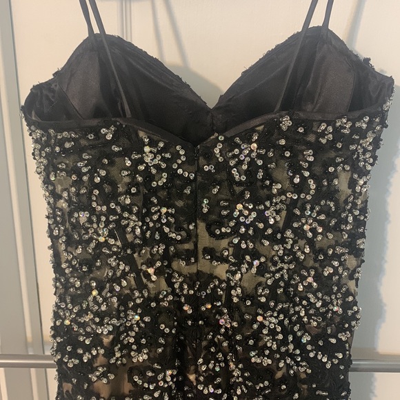 Black Lace Asymmetrical Gem Covered Dress with Nude Underlay - Picture 6 of 8